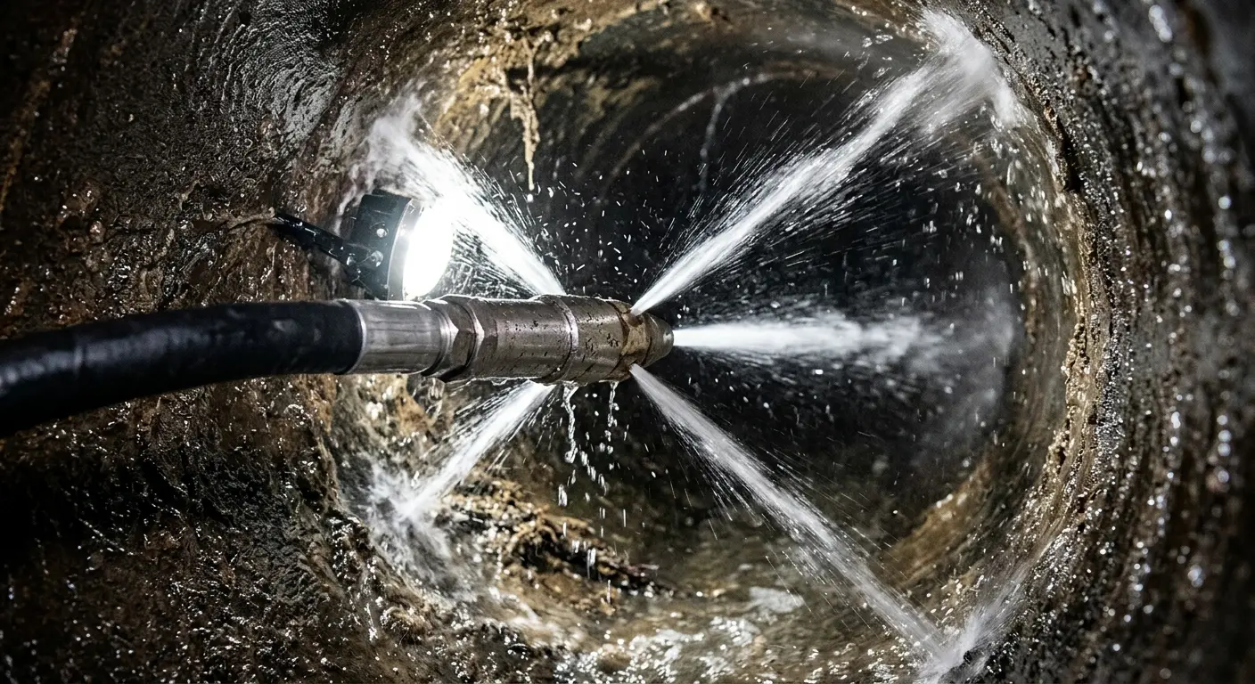 High-pressure hydro jetting nozzle cleaning sewer pipe for Sewer Cleanout in Cortland